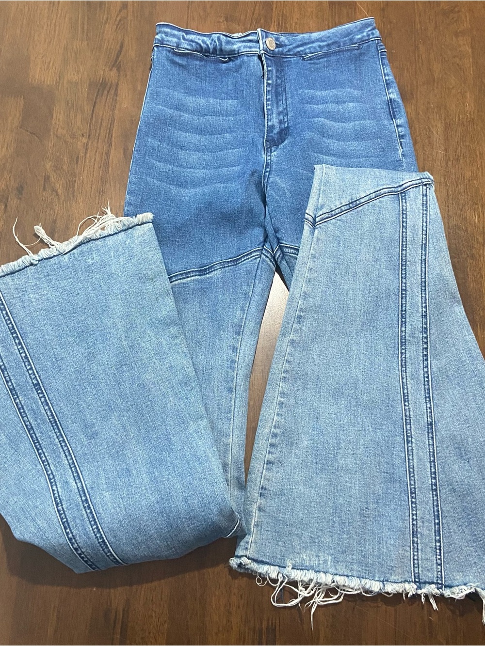 Saints & Hearts Extreme Flare Bell Bottom Jeans Womens Blue Raw Hem High Rise